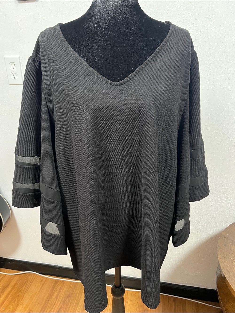 Alfani Black V-Neck Textured Tunic with Sheer Stripe Sleeves